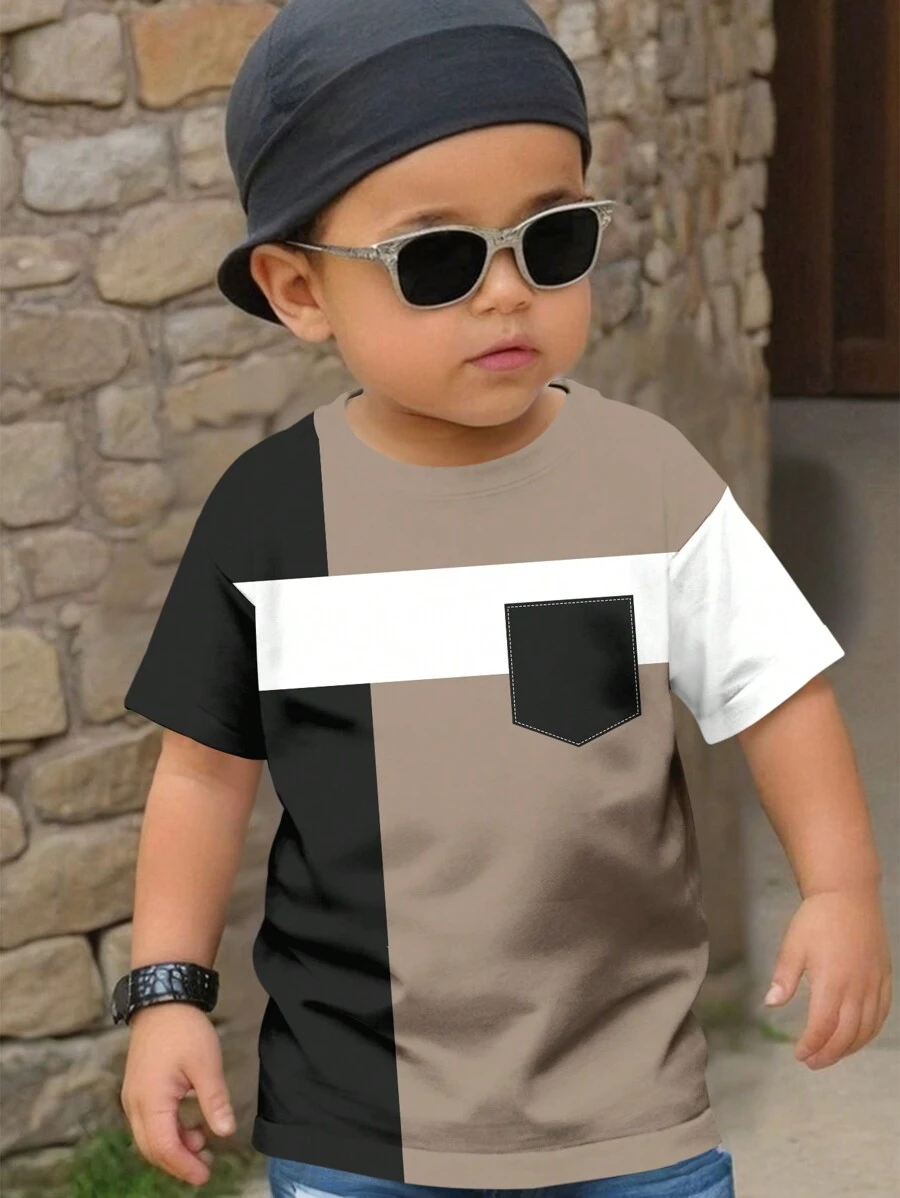 SHEIN Leap Crew 年轻男孩休闲简约时尚经典几何拼布印花圆领短袖宽松T恤，适合夏季 - 白色 - 查看 1