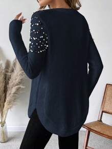 SHEIN LUNE 女士休闲优雅仿珍珠串珠圆领毛衣，适合秋冬季 - 寶藍色 - 查看 2