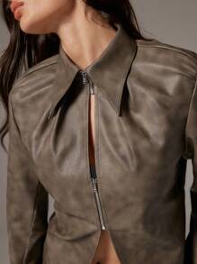 SHEIN Unity Women's Fashionable Retro Zip-Up Long Sleeve Jacket, Autumn - Brown - View 5