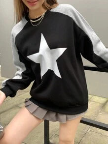 INAWLY Women Autumn/Winter Casual Colorblock Star Print Sweatshirt