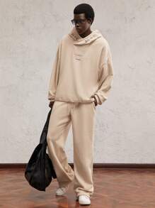 AKNOTIC Party 2pcs/Set Men's Loose Drop Shoulder Knit Casual Sweatshirt & Pants Set, For Fall Winter - Apricot - View 1