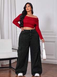 SHEIN CURVE+ Pantalones cargo de pierna ancha de talla grande de mezclilla negra para mujer