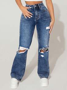 SHEIN PETITE Distressed Straight-Leg Thermal Lined Thermal Jeans, Autumn & Winter Thanksgiving Christmas Women Thickened Denim - Dark Wash - View 5