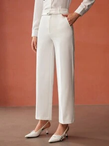 MOTF PREMIUM 纯色斜口袋前缝直筒西装裤（配腰带） - 白色 - 查看 2