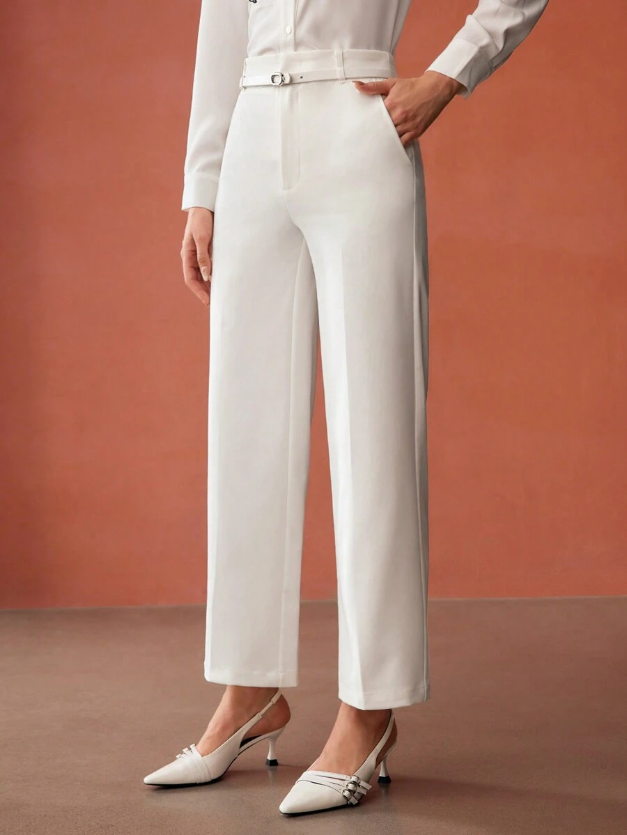 MOTF PREMIUM 纯色斜口袋前缝直筒西装裤（配腰带）