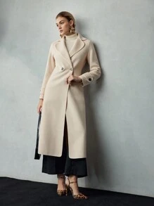 MOTF PREMIUM WOOL SOLID LAPEL COLLAR PEA OVERCOAT - Apricot - View 9