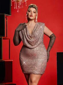 SHEIN Belle Vestito elegante e sexy da donna taglie forti con scollo profondo drappeggiato, spalline imbottite, abito da cerimonia con decorazioni in rilievo pesanti, adatto per eventi di gala, abito da invitata a matrimonio - Rosa antico - Visualizzare 7
