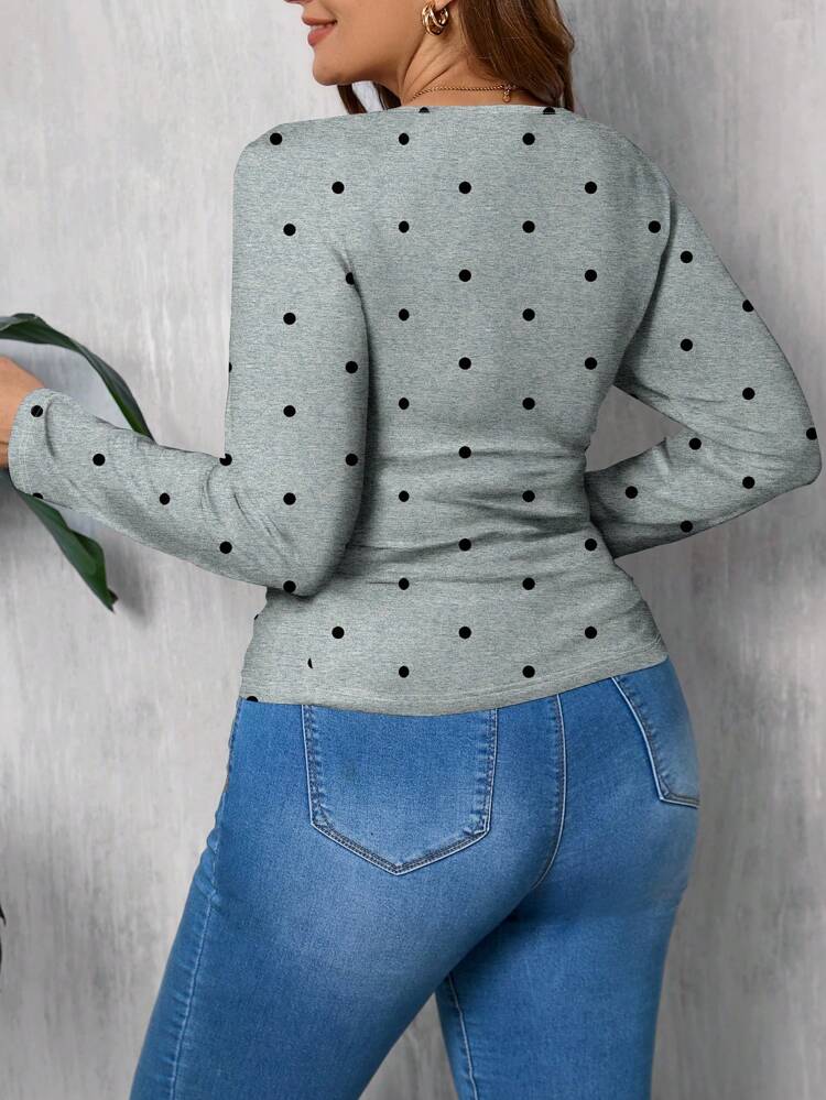 Casual Retro Polka Dot Light Blue-Green Square Neck Plus Size Women's Tight Fit Long Sleeve T-Shirt, Basic Style For Women, Spring/Autumn