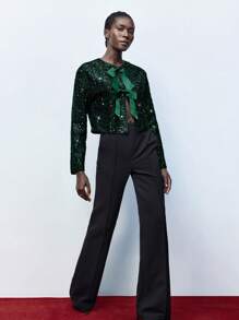 Maija Women's Elegant Long Sleeve Jacket With Glitter And Bow Decoration, Suitable For Early Spring Business Casual Women's Wear, Office Wear, Low-Key Old Money Style, Effortless Temperament, High-End Urban Commuting, The Same Style As The Editor-In-Chief Of The Magazine, Urban Social Vacation Party Wear, Charming, Low-Key And Durable Basic Style, Versatile And Not Picky Clothing, Street Fashion Wear, Clothing, Coffee Shop, Relaxed Wear