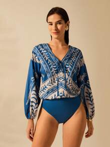 CAJUNI 女式波西米亚风鹦鹉椰子树印花系带深 V 领灯笼袖蓝色度假休闲夏日海滩