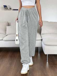 Flirla Solid Drawstring Waist Slant Pocket Sweatpants Fall Cloth For Women - Grey - View 4