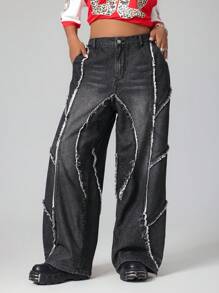 SHEIN ICON Plus Size Casual Frayed Edge Loose Fit Denim Jeans With Pockets - Grey - View 1