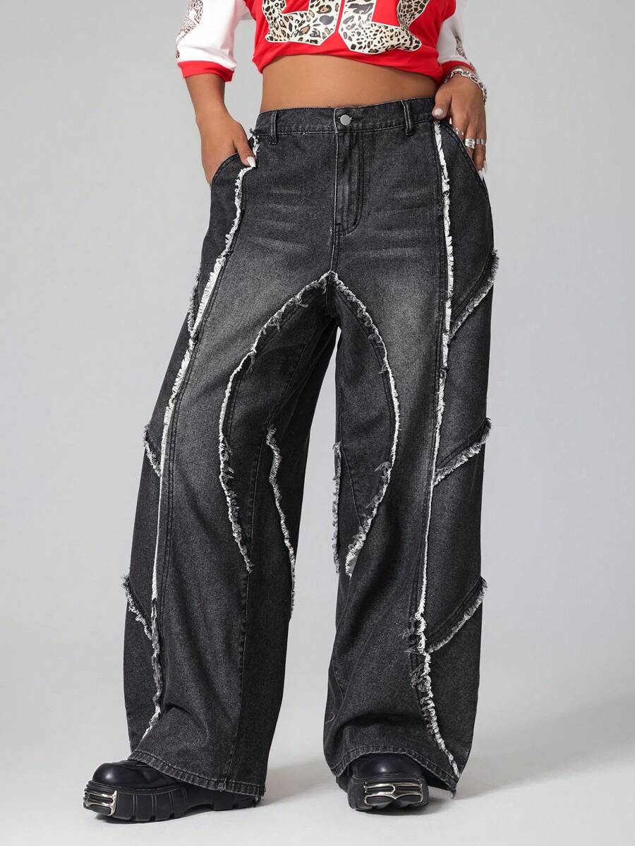 SHEIN ICON Plus Size Casual Frayed Edge Loose Fit Denim Jeans With Pockets - Grey - View 1