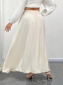 SHEIN Unity 大码女式圆孔系腰长款优雅 A 字裙 - 杏色 - 查看 2