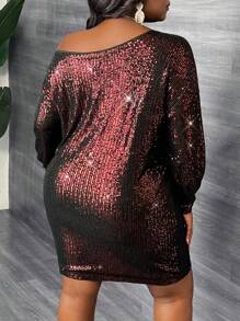 Slaydiva 优雅派对聚会约会性感修身纯色香槟色斜肩长袖串珠面料迷你连衣裙大码女士春秋季