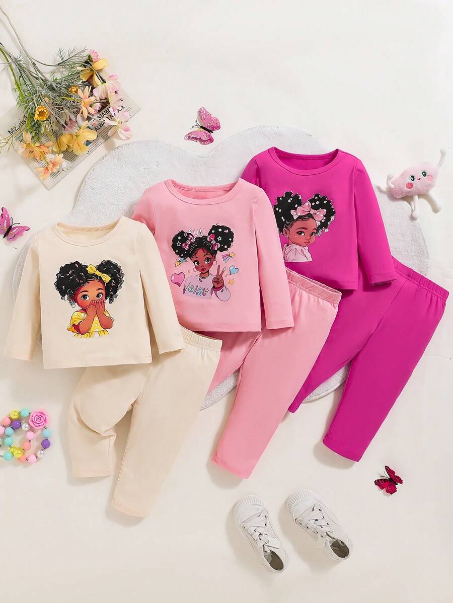 Bộ 2 món/Bộ đồ liền thân in hình chân dung bé gái dễ thương, áo dài tay cổ tròn và quần dài, trang phục 3 món cho mùa xuân, thu và đông - Nhiều màu - Xem 1