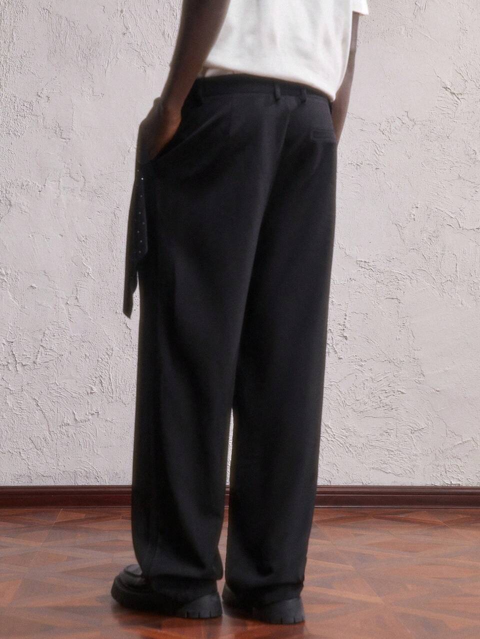 Men's Black Woven Straight Leg Pants With Metal Buttons,Detachable Velvet Rhinestone Pocket Square,Summer Classy Elegant Evening Casual Pants