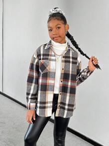 SHEIN 青少年女孩休闲编织格子长袖纽扣衬衫夹克 - 藏蓝色 - 查看 5