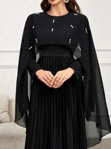 Modelyn 2 件套女士优雅仿珍珠装饰披肩和高腰褶边连衣裙套装，适合秋季 2 件套 - 黑色 - 查看 4