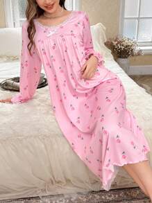 CottageSlumber 蕾丝边碎花浪漫女士睡裙，娃娃裙，适合夏季、秋季、冬季穿着。 - 粉色 - 查看 6