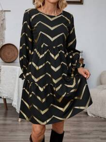 SHEIN LUNE 1 件女式碎花印花荷叶边袖连衣裙 - 黑色 - 查看 5