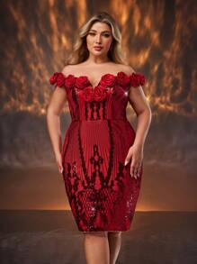 SHEIN Belle Plus Size Red Luxurious Sheer Sequin Off Shoulder Rose 3D Flower Elegant Cocktail Mini Dress, Wedding Guest Dress - Red - View 5