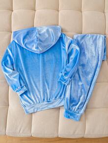 SHEIN 2 件套 Tween 女童优雅休闲百搭拉链长袖夹克和天鹅绒串珠裤套装，适合秋冬季，适合上学、度假和外出 - 藍色 - 查看 2