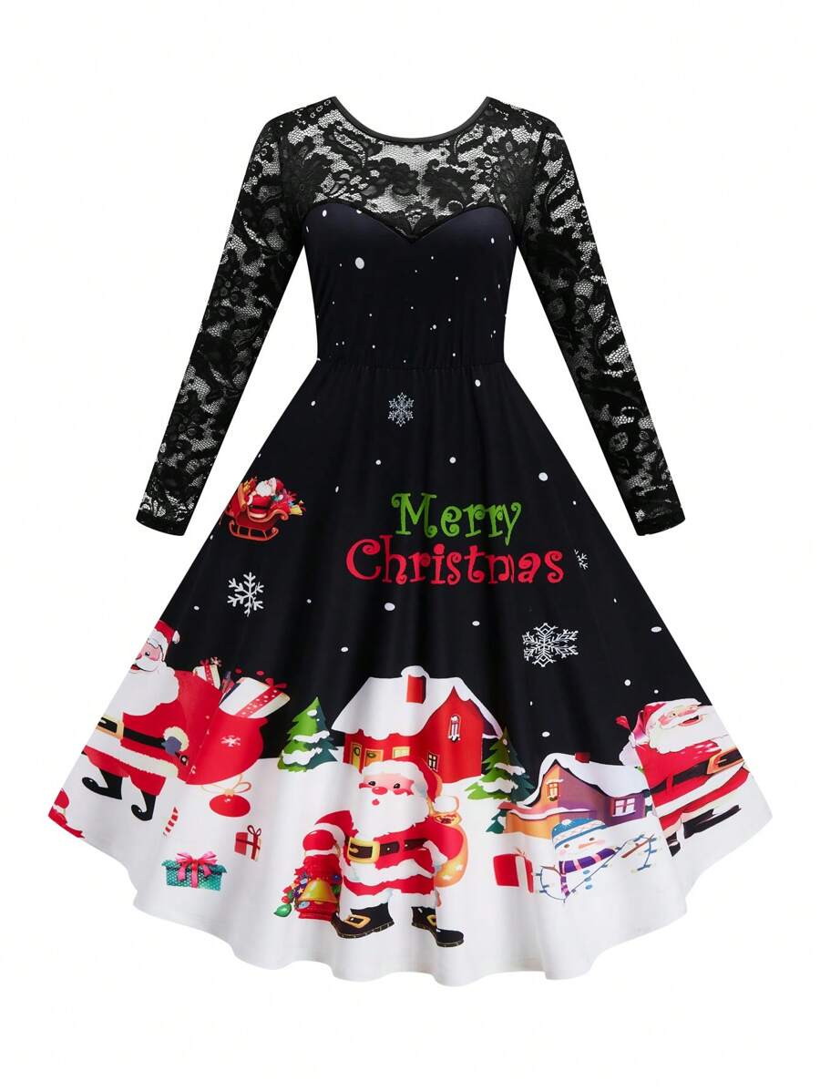 SHEIN Clasi Váy ren đen in hình ông già Noel cỡ lớn cho ngày lễ Giáng sinh - Đen và trắng - Xem 1