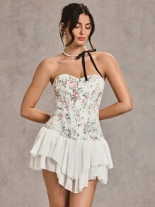 SHEIN BAE Váy ngắn cổ tim xếp nếp thêu hoa thanh lịch, mùa hè - trắng - Xem 6