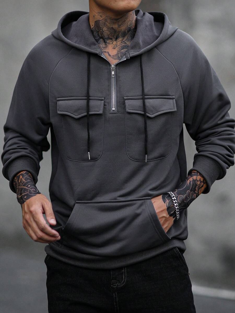 Manfinity LEGND Áo hoodie nam tay dài có khóa kéo phía trước màu trơn, phong cách tối giản, quần áo thu đông cho nam - Màu xám đen - Xem 1