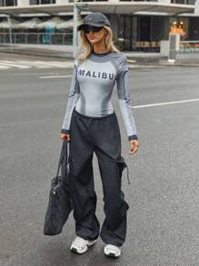 SHEIN Unity T-shirt à manches longues décontracté et sportif pour femmes, avec imprimé lettre et rayures, col rond - Multicolore - Voir 7