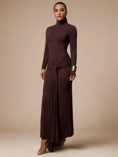 Silquee 女士优雅纯色巧克力棕色高领长袖褶皱连衣裙，适合鸡尾酒会、浪漫约会、秋冬分层搭配、休闲通勤、户外针织连衣裙、新年前夜、新年女装、长袖连衣裙