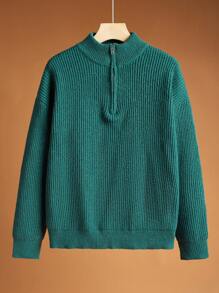 SHEIN 1 pieza Jersey de cuello alto con media abertura, cálido y casual, en color verde oscuro con rayas de malla, ropa de vuelta al colegio para adolescentes varones; atuendos de otoño; ropa para adolescentes varones; chaquetas de adolescentes varones para otoño/invierno