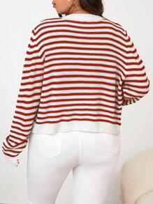 SHEIN Frenchy 大码女装秋季长袖简约条纹开衫适合日常穿着，秋季女装，秋冬毛衣，女士开衫，女士毛衣，家居毛衣，优雅外出毛衣开衫，秋季女装，圣诞节，圣诞毛衣，家居毛衣，条纹开衫，秋冬长袖毛衣