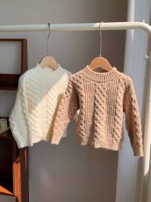 SHEIN 2 Peças Suéter de Gola Alta Grossa Marrom e Bege para Meninos, Manga Longa com Padrão Vintage Casual Versátil, Estilo Universitário Clássico Inglês, Adequado para Uso Diário, Exterior, Brincadeiras na Neve no Outono/Inverno - Multicolorido - Visão 5