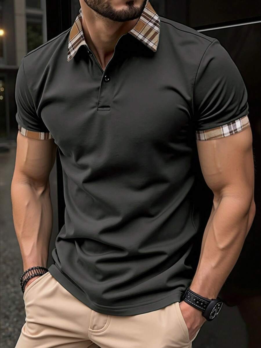 Manfinity Dauomo Herren Einfarbiges Shirt mit Knopfleiste und Kontrast-Einsätzen, Kurzarm Lässig T-Shirt - Schwarz - Übersicht 1