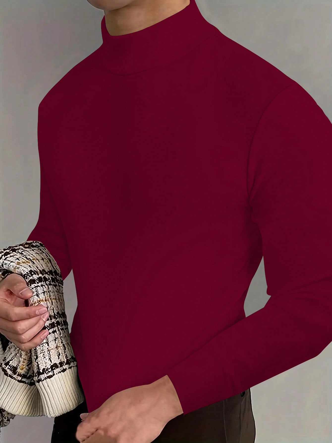 Manfinity Dauomo Solid Color Stand Collar Long Sleeve T-Shirt For Men, Simple And Casual Everyday Wear