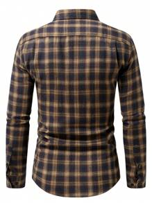 Manfinity Mode 男士工作多色格子印花领长袖正装衬衫，适合春秋季节 - 咖啡棕 - 查看 2