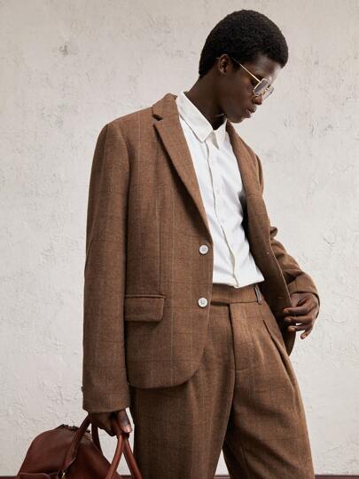 AKNOTIC Formal 2 件套男士编织短领长袖休闲西装套装，适合日常办公穿着