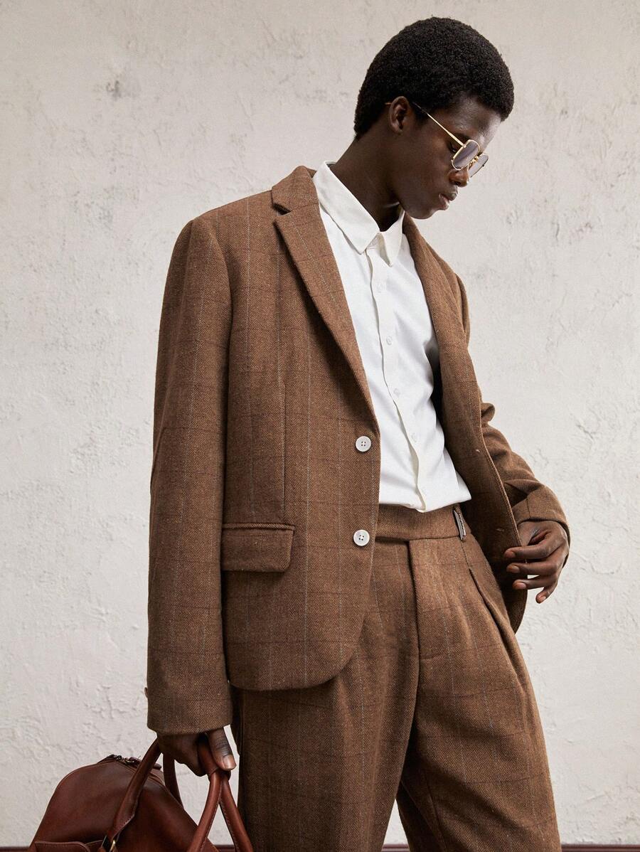 AKNOTIC Formal 2pcs Men Woven Short Collar Long Sleeve Casual Suit Set, Suitable For Daily Office Wear - Khaki - View 1