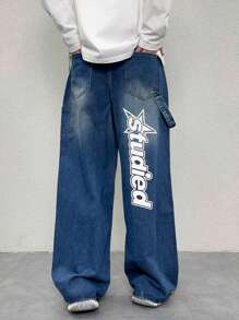 Claim Dot Jeans de mezclilla casuales con estampado de letras en el bolsillo para uso diario de hombres - Azul - View 2