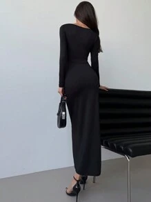 Aloruh Fashionable Long Sleeve Metal Button Hollow Out Bodycon Black Dress For Women