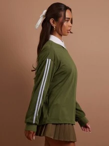 COSMINA 橄榄绿条纹女式运动衫，秋冬 - 軍綠色 - 查看 4