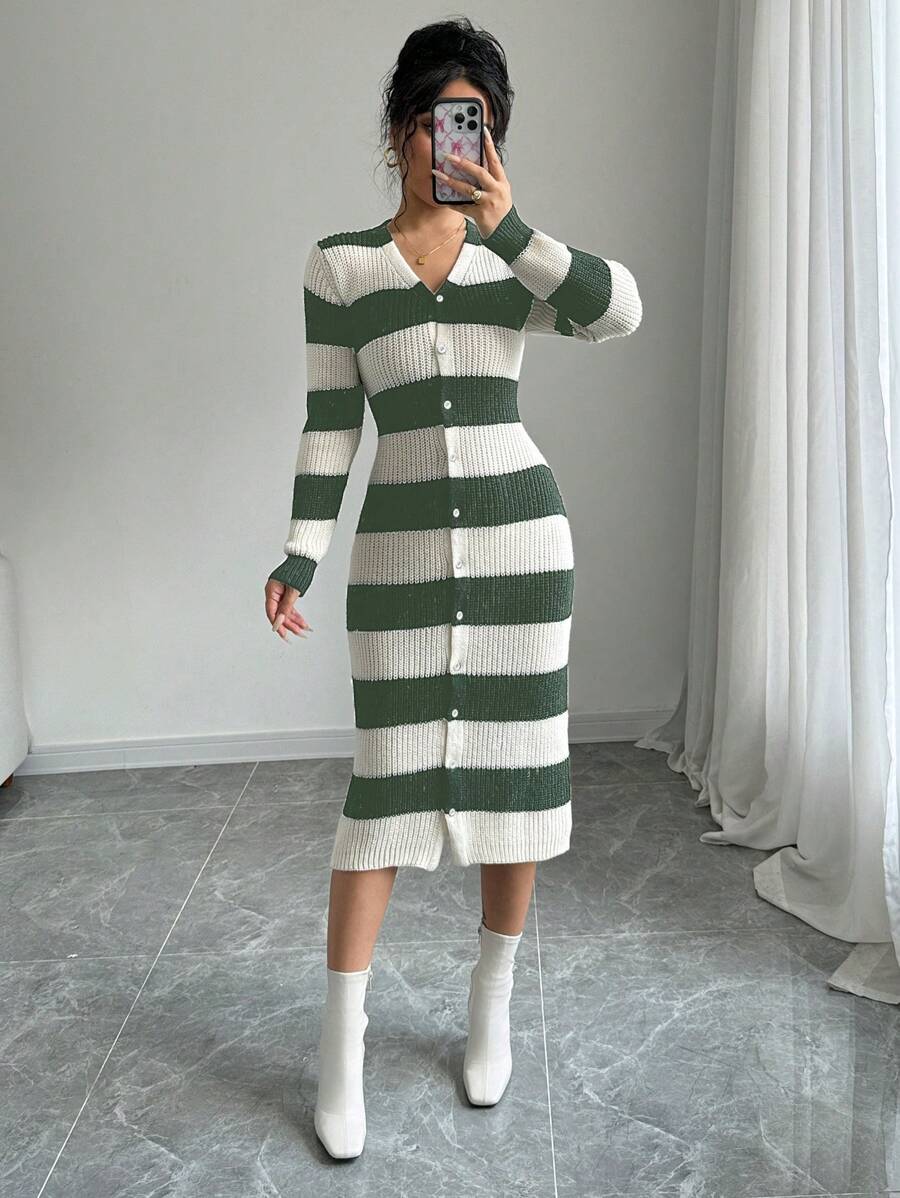SHEIN Unity Women Color Block Striped Button Front Knit Sweater Dress, Casual Everyday Wear, Autumn/Winter - Green - View 1