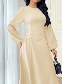 Modelyn 勃艮第红色女士纯色简约日常长袖连衣裙派对优雅晚会长袖长裙长款晚礼服 - 米色 - 查看 6