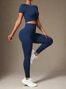 Easithlete 2 buc. Tricou cu elasticitate ridicată, fără sudură, ocazional, pentru femei, și costum sport cu talie înaltă, Set de gimnastică, Set de antrenament pentru femei, Set de jambiere pentru femei