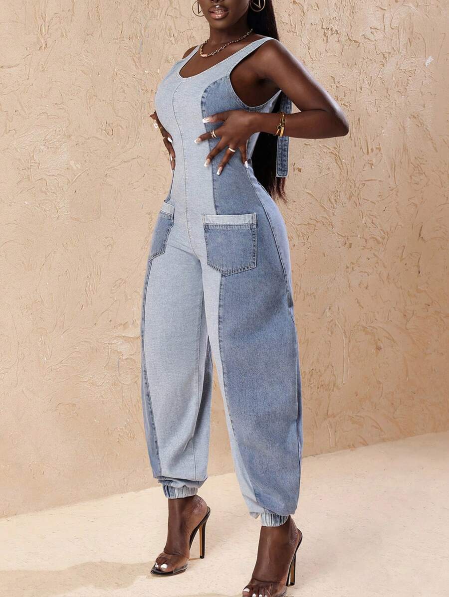 Slaydiva 女士休闲双色露背前拉链牛仔连身裤