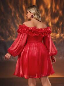 SHEIN Belle Elegant Bright Red Organza Ruffle Trim Off Shoulder Formal Dress, Plus Size, For Gala