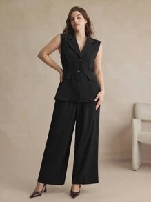 BizChic Damen Große Größen 2 Stücke Set einfarbig, mit Stehkragen, Knopfleiste, Weste und Hose, eleganter Büroanzug