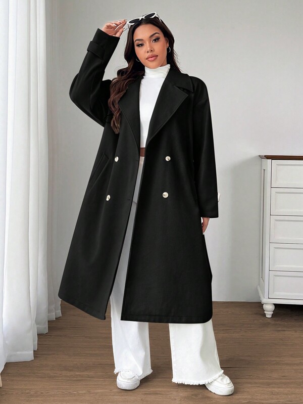 SHEIN EZwear Große Größen einfarbiger Knopfverschluss Langarm Lässig Lange Strickjacke, für den Winter
